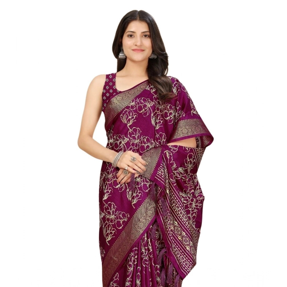 Wine cotton silk floral printed saree with unstitched blouse (5.5mtr), elegant Indian traditional wear on mannequin