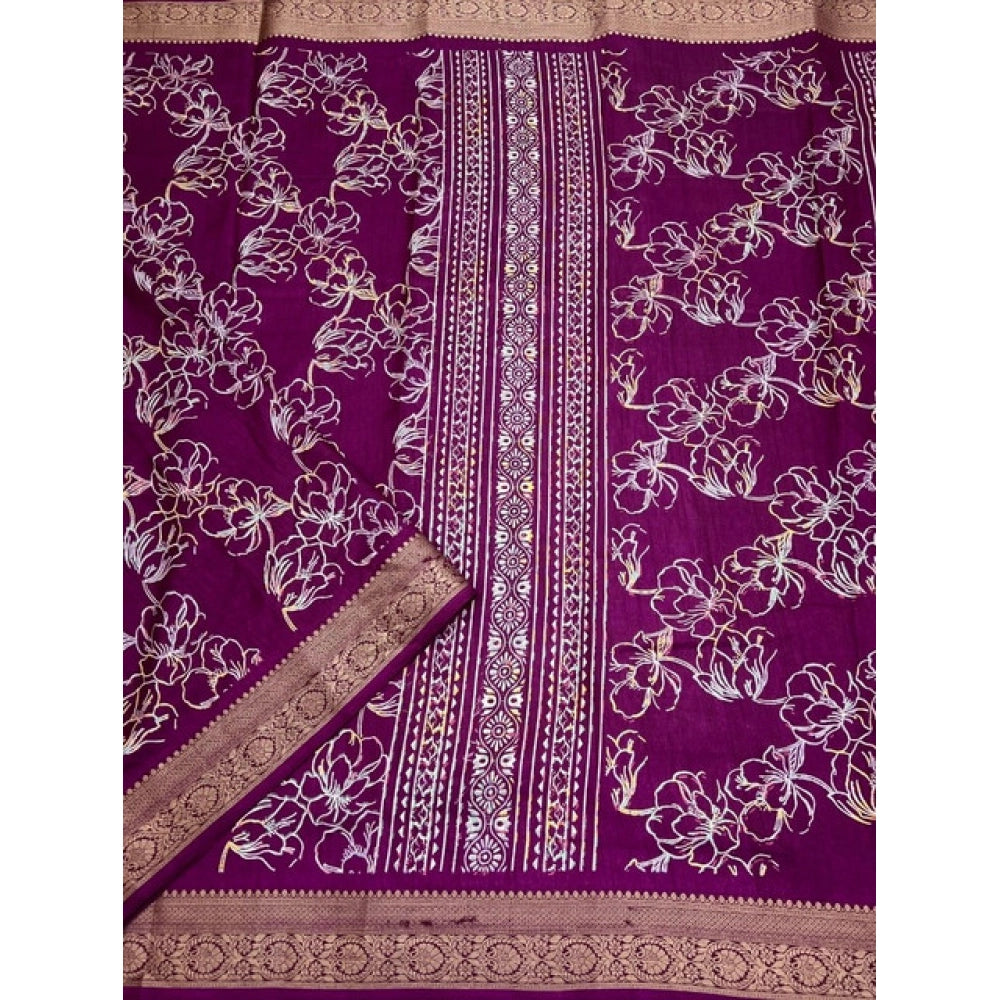 Wine cotton silk floral printed saree with unstitched blouse (5.5mtr), elegant homewear accessory