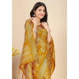Yellow cotton silk floral printed saree with unstitched blouse, vibrant petals on a traditional background