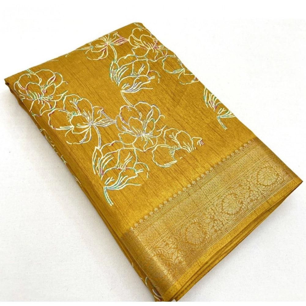 Yellow cotton silk floral printed saree with unstitched blouse, vibrant and intricate design for traditional Indian wear