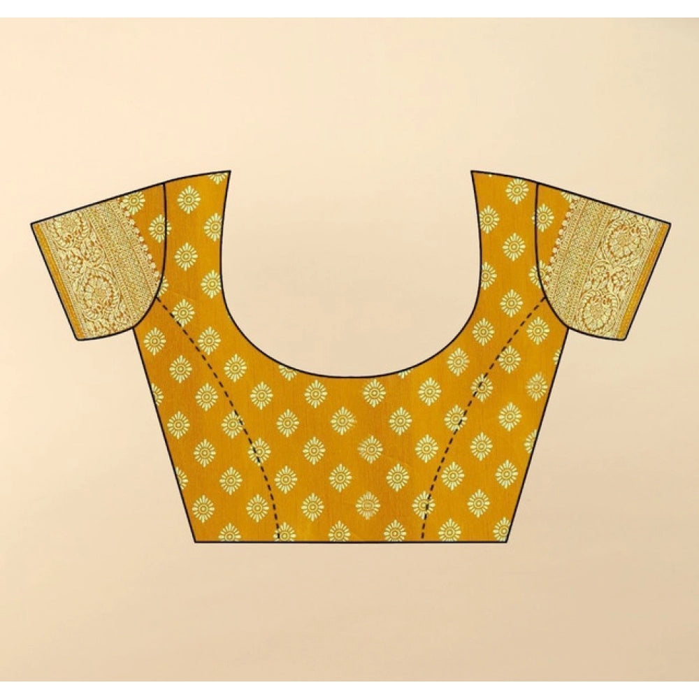 Yellow cotton silk floral printed saree with unstitched blouse, vibrant petals on a soft background