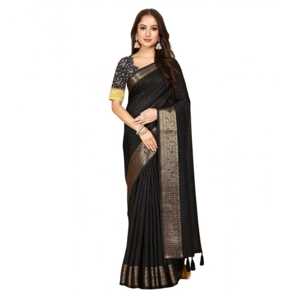 Black cotton blend checkered saree with unstitched blouse, ideal for traditional Indian wear