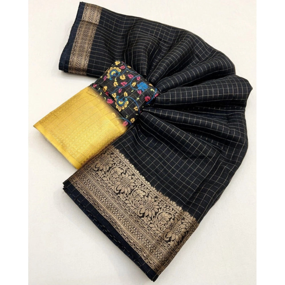 Black cotton blend checkered saree with unstitched blouse (5.5mtr) - versatile Indian wear for women