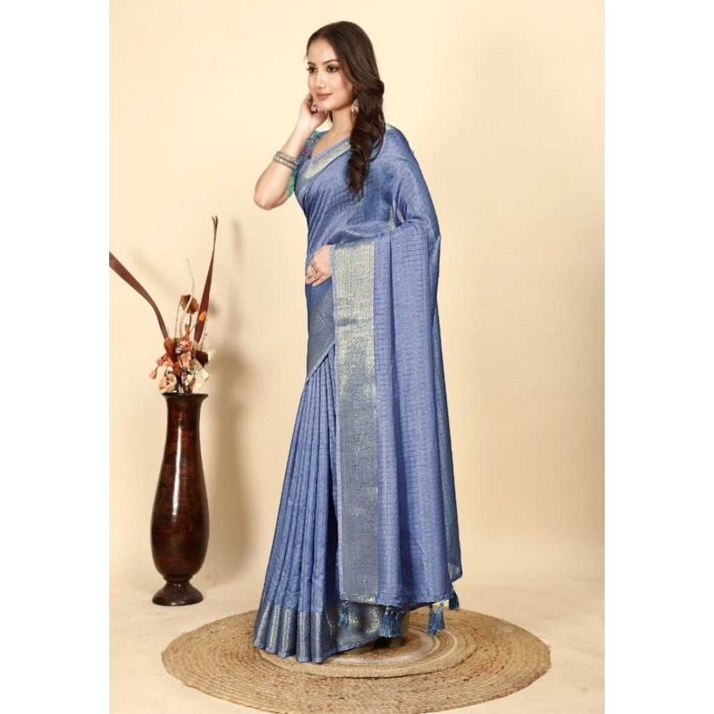 Blue cotton blend checkered saree with unstitched blouse, vibrant traditional Indian fashion accessory