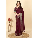 Maroon cotton blend checkered saree with unstitched blouse (5.5Mtr) - women's traditional Indian wear