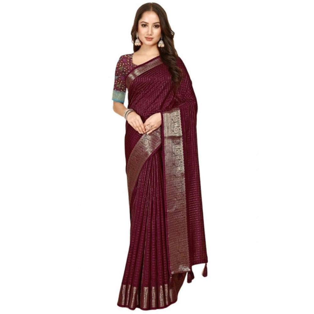 Maroon cotton blend checkered saree with unstitched blouse, 5.5Mtr for traditional Indian women's wear