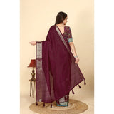Maroon cotton blend checkered saree with unstitched blouse, 5.5Mtr for Indian women's fashion