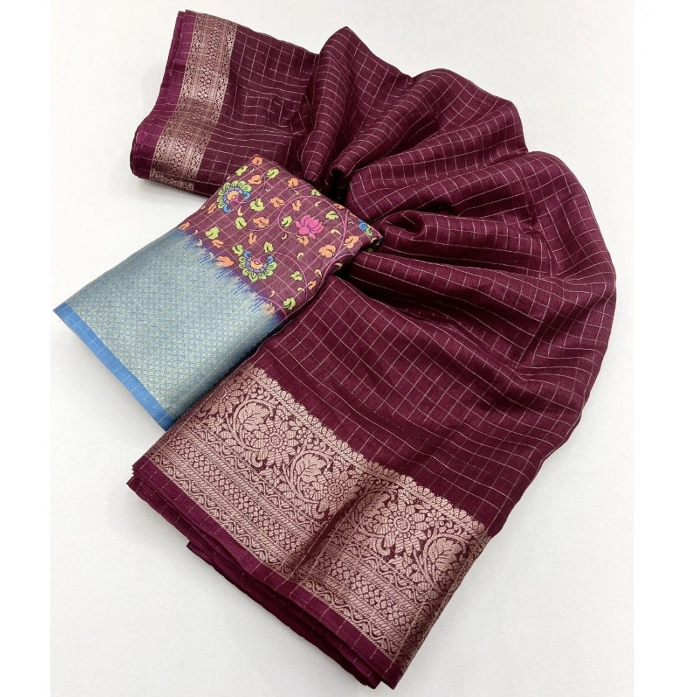 Maroon cotton blend checkered saree with unstitched blouse, 5.5Mtr for traditional Indian wear