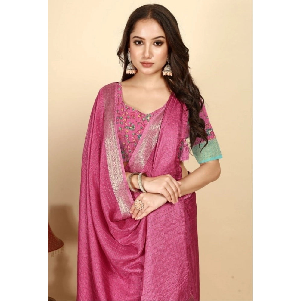 Pink cotton blend checkered saree with unstitched blouse (5.5mtr) - traditional Indian wear