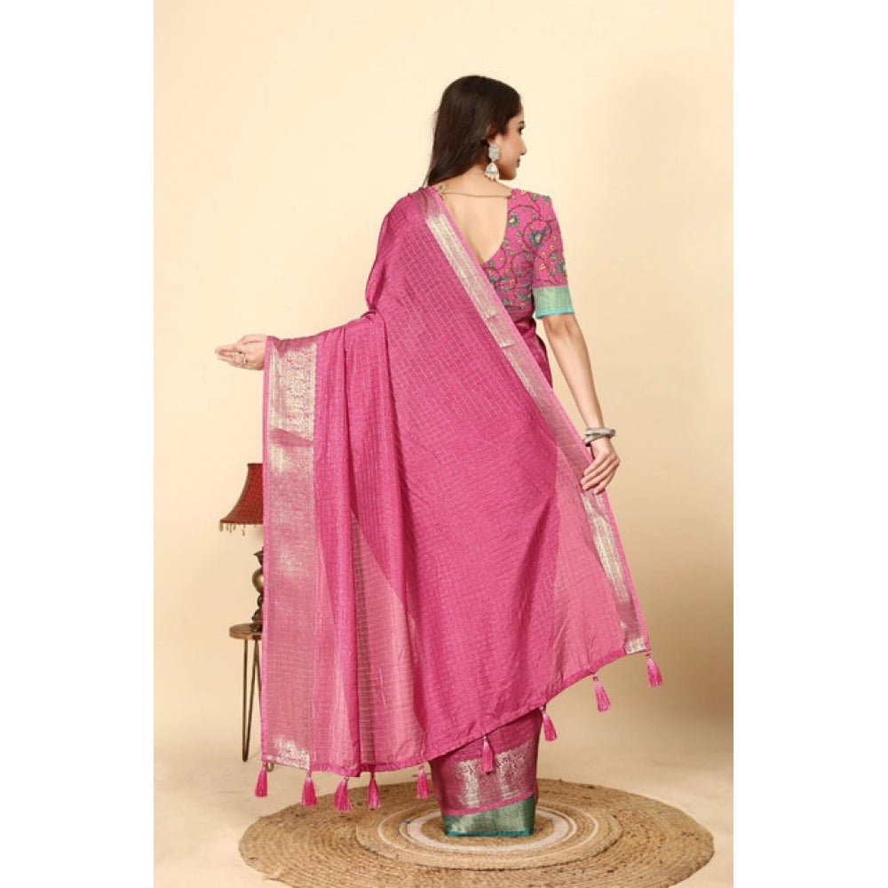 Pink cotton blend checkered saree with unstitched blouse, 5.5Mtr length on model