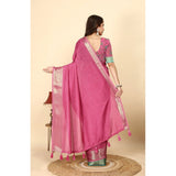 Pink cotton blend checkered saree with unstitched blouse, 5.5Mtr length on model