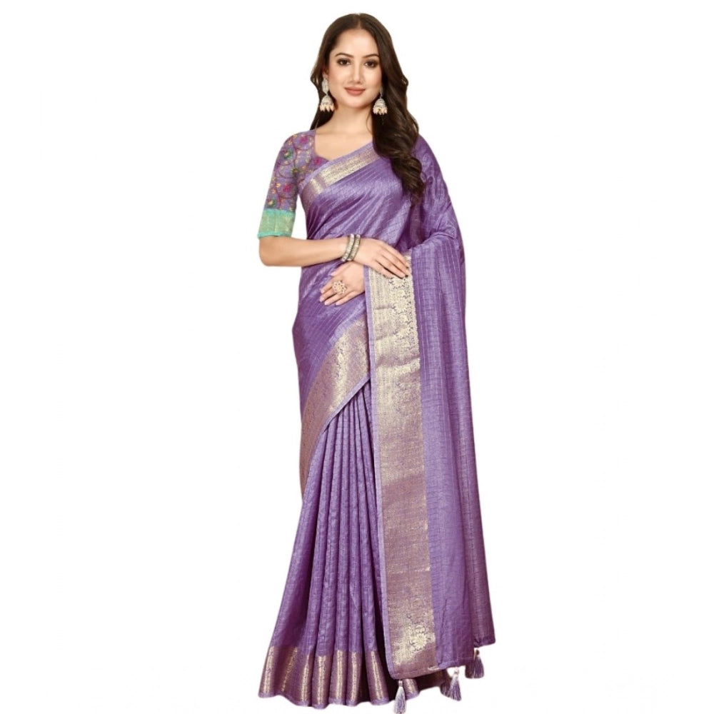 Purple cotton blend checkered saree with unstitched blouse (5.5mtr), vibrant pattern for traditional Indian wear