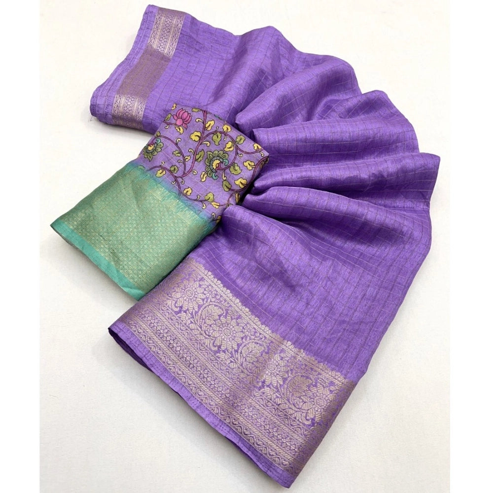 Purple cotton blend checkered saree with unstitched blouse (5.5mtr), traditional Indian women's wear