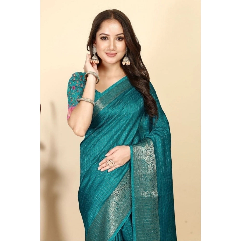 Rama colored cotton blend checkered saree with unstitched blouse (5.5mtr)