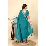 Rama-colored cotton blend checkered saree with unstitched blouse (5.5mtr), traditional Indian women's wear