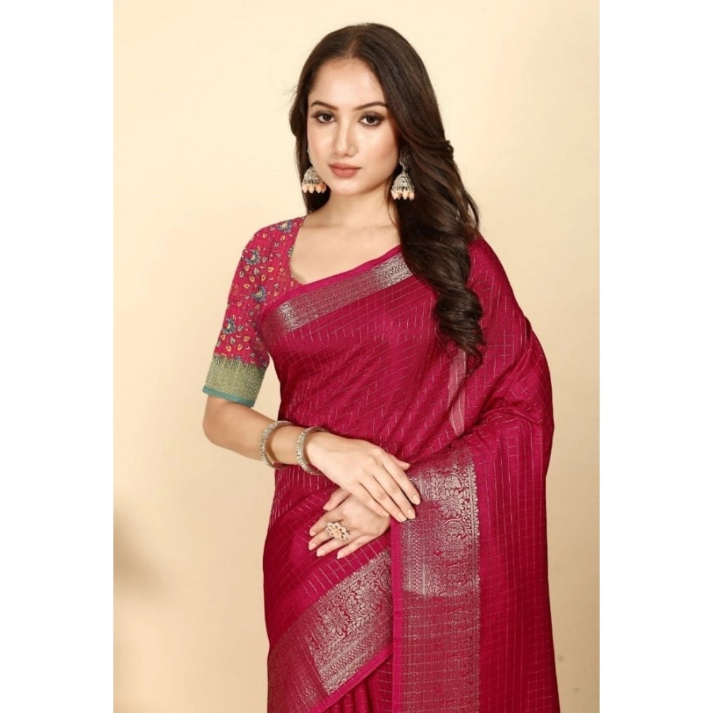 Red cotton blend checkered saree with unstitched blouse (5.5Mtr)