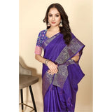 Royal Blue cotton blend checkered saree with unstitched blouse, 5.5mtr length