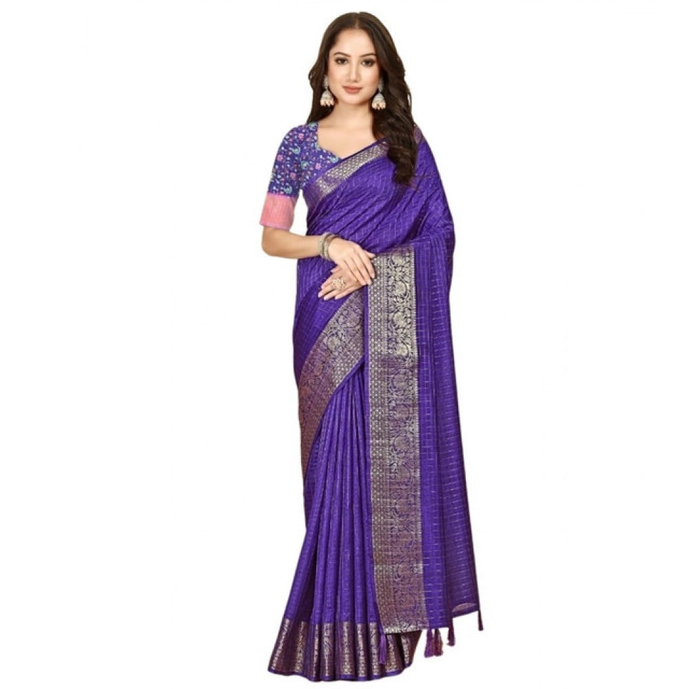 Royal blue cotton blend checkered saree with unstitched blouse, 5.5Mtr for women's traditional Indian wear