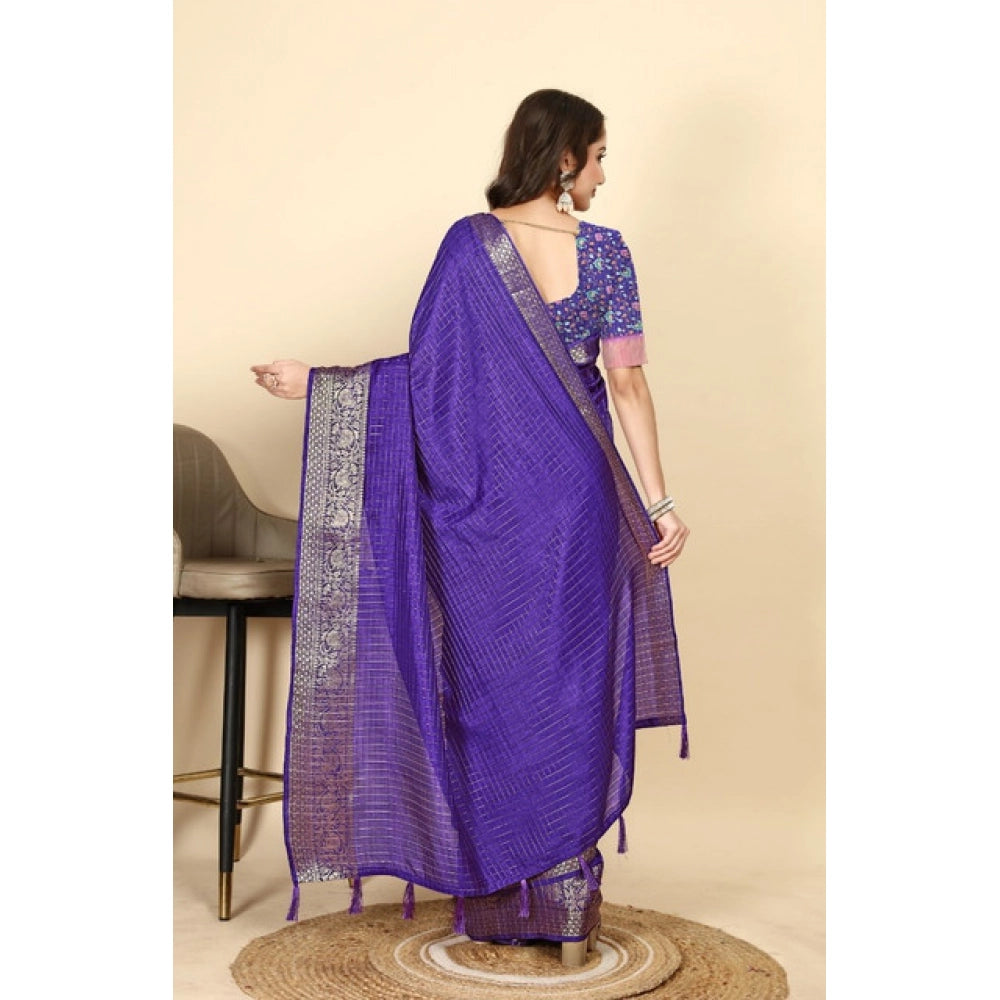 Royal blue cotton blend checkered saree with unstitched blouse, 5.5Mtr