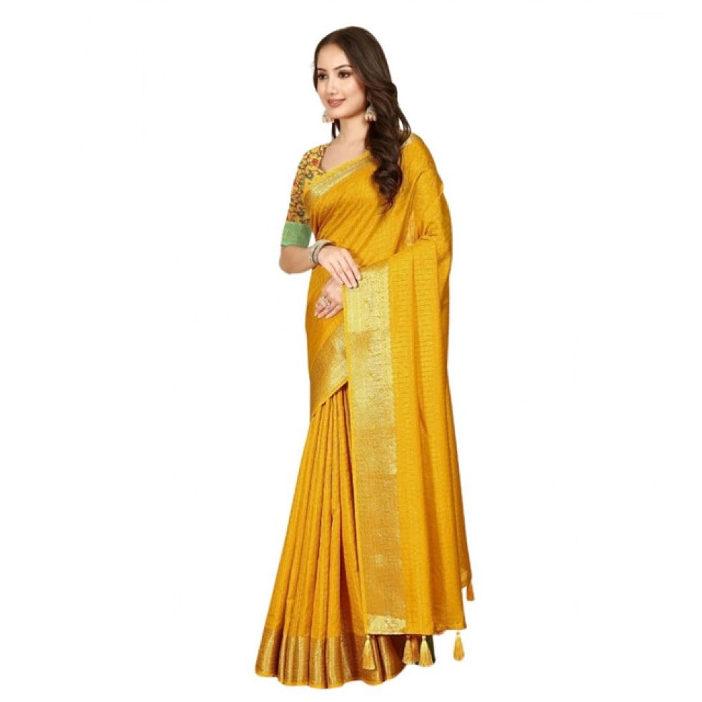 Yellow cotton blend checkered saree with unstitched blouse (5.5Mtr), traditional Indian women's fashion