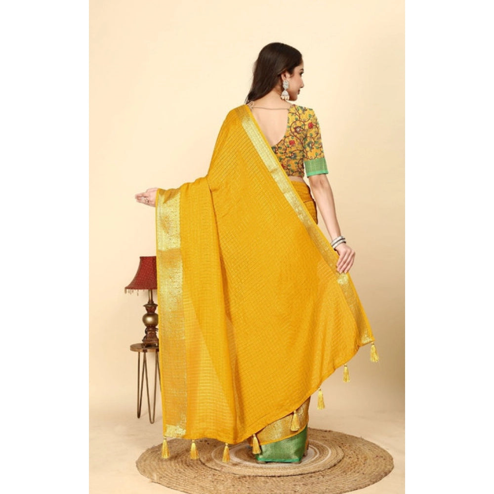 Yellow cotton blend checkered saree with unstitched blouse (5.5mtr)