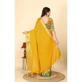Yellow cotton blend checkered saree with unstitched blouse (5.5mtr)