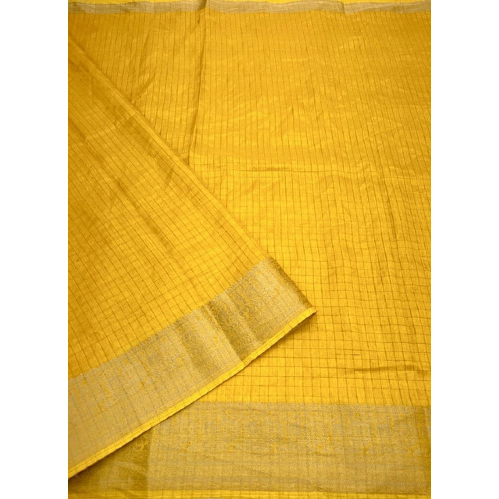 Yellow cotton blend checkered saree with unstitched blouse, vibrant and stylish for traditional wear