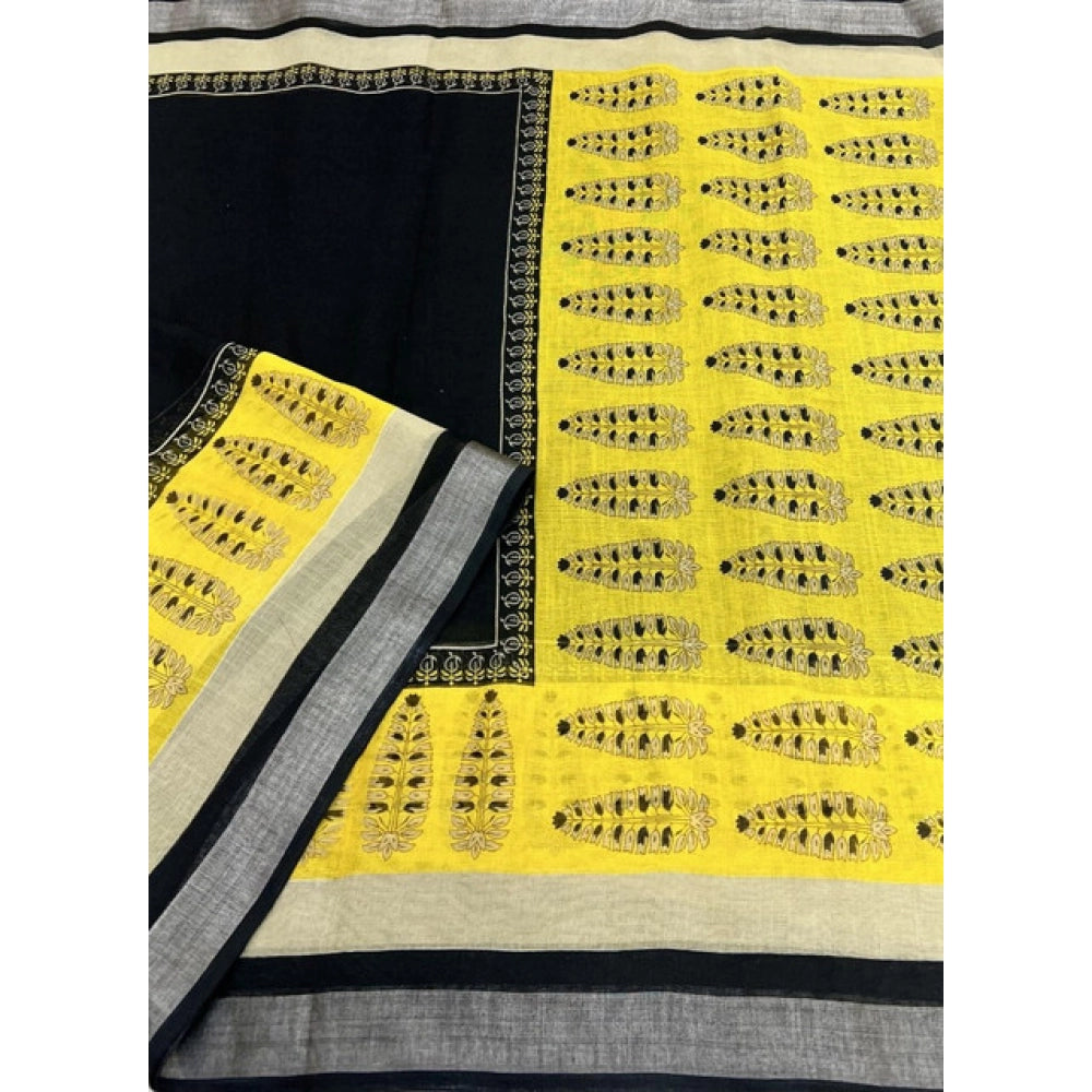 Black cotton linen printed saree with unstitched blouse (5.5Mtr) - intricate design on traditional Indian fabric