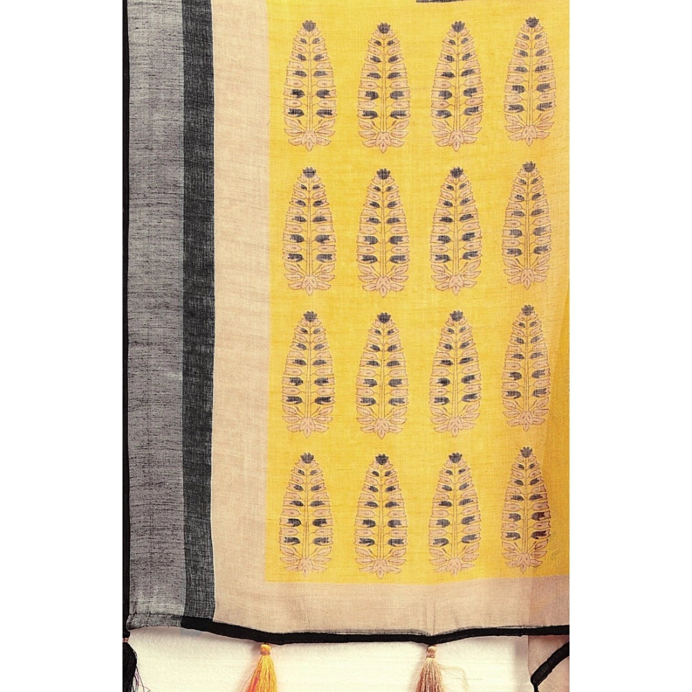 Black cotton linen printed saree with unstitched blouse (5.5Mtr) - detailed close-up of intricate design