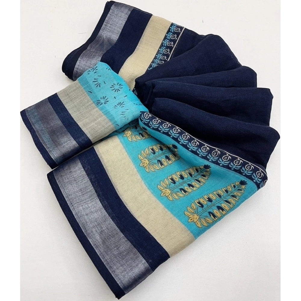 Blue cotton linen printed saree with unstitched blouse (5.5Mtr) - vibrant Indian women's fashion accessory
