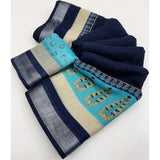 Blue cotton linen printed saree with unstitched blouse (5.5Mtr) - vibrant Indian women's fashion accessory