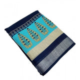 Blue cotton linen printed saree with unstitched blouse (5.5mtr)