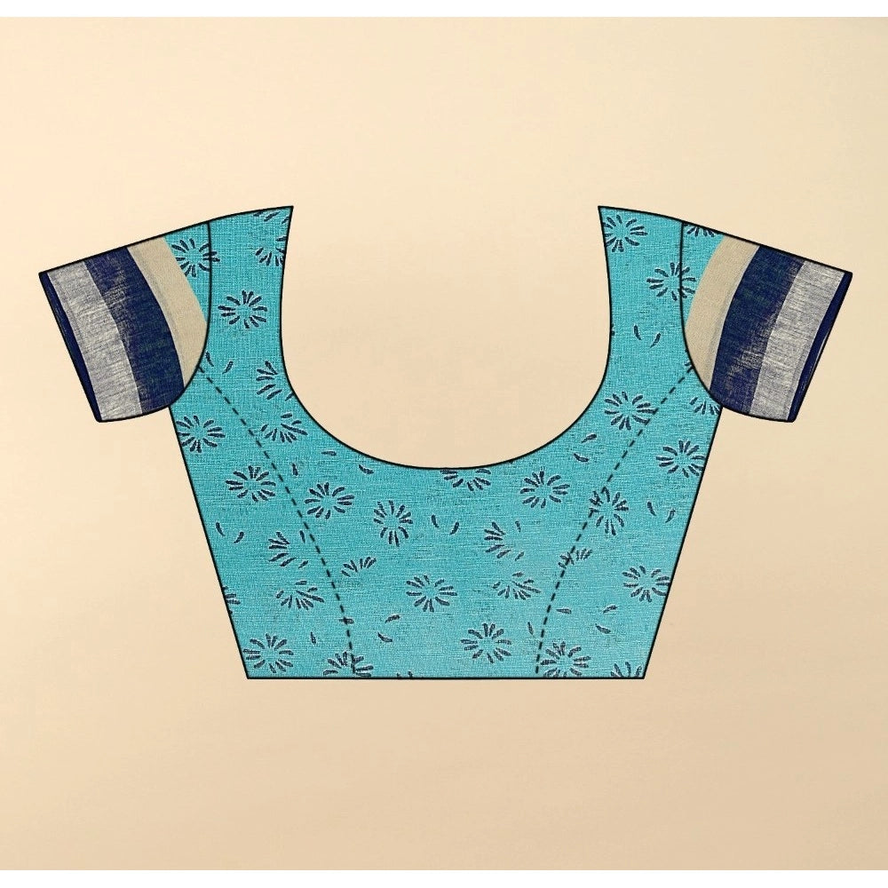 Blue cotton linen printed saree with unstitched blouse, 5.5Mtr length
