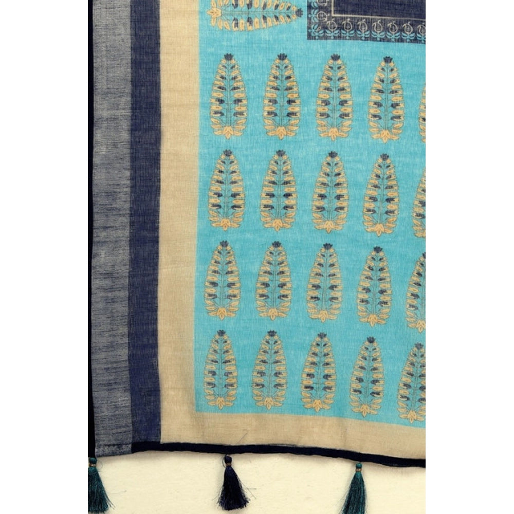 Blue cotton linen printed saree with unstitched blouse (5.5Mtr) - vibrant, ethnic Indian women's attire