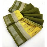 Green cotton linen printed saree with unstitched blouse, vibrant floral design