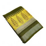 Green cotton linen printed saree with unstitched blouse (5.5mtr)