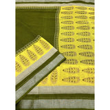 Green cotton linen printed saree with unstitched blouse, 5.5mtr length for traditional Indian wear