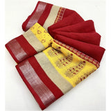 Red cotton linen printed saree with unstitched blouse, vibrant Indian fashion wear on mannequin