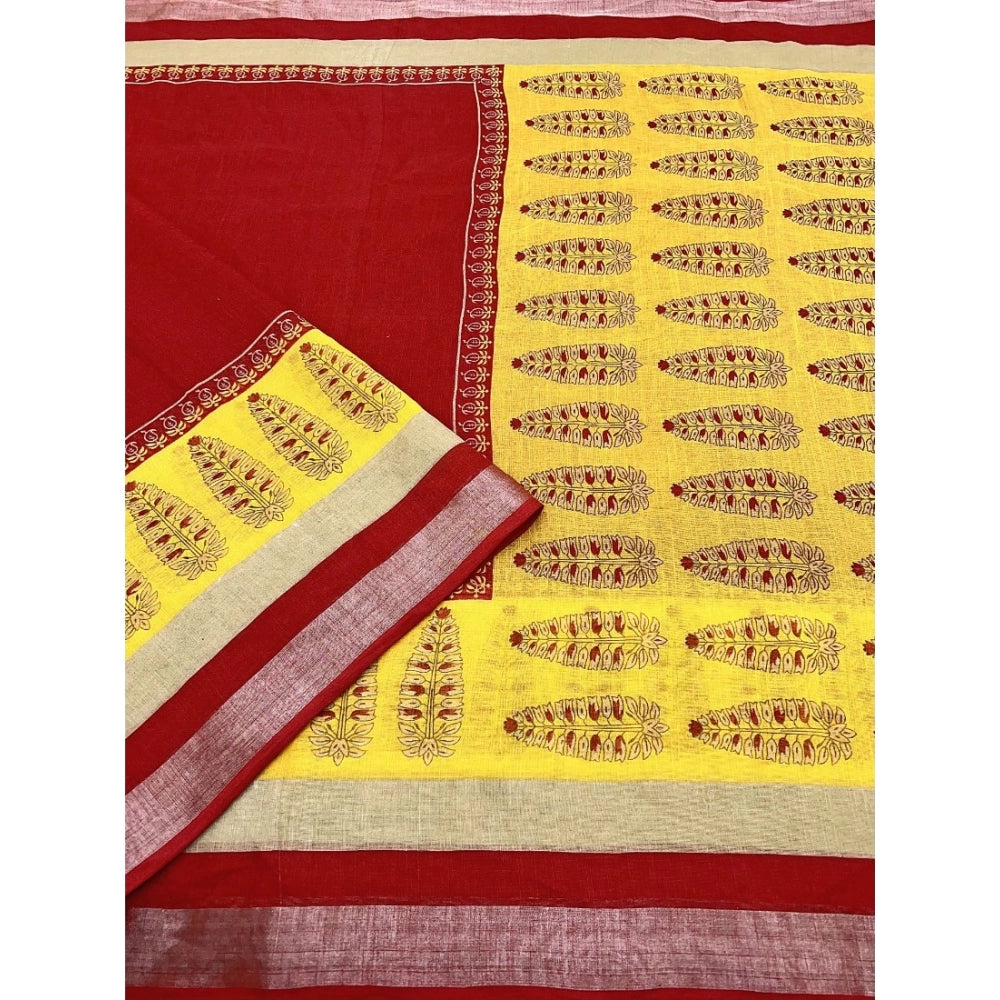 Red cotton linen printed saree with unstitched blouse (5.5mtr), traditional Indian fashion accessory
