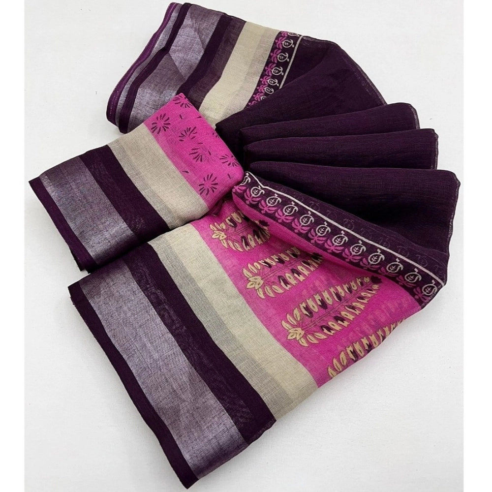 Women's wine cotton linen printed saree with unstitched blouse, vibrant pattern and flowing fabric