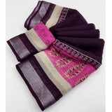 Women's wine cotton linen printed saree with unstitched blouse, vibrant pattern and flowing fabric