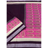 Women's wine cotton linen printed saree with unstitched blouse, 5.5mtr - vibrant cultural attire on a hanger