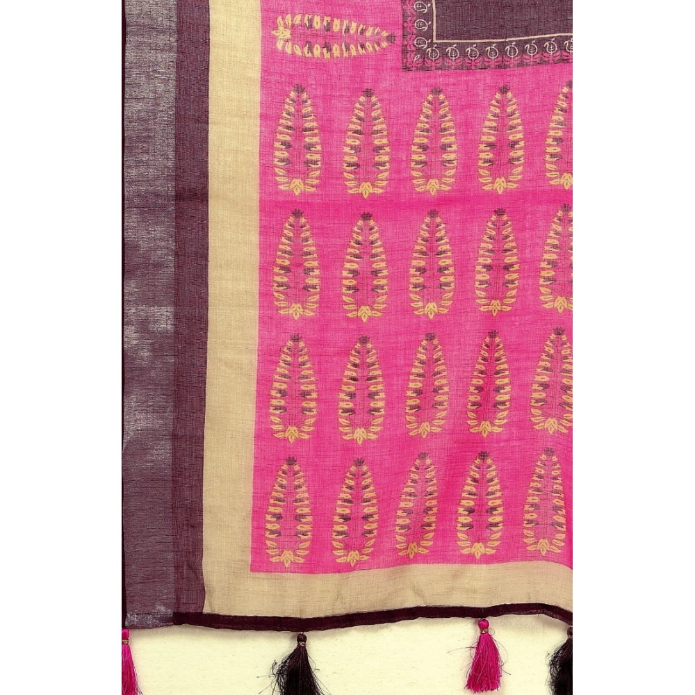 Wine cotton linen printed saree with unstitched blouse (5.5Mtr), traditional Indian apparel