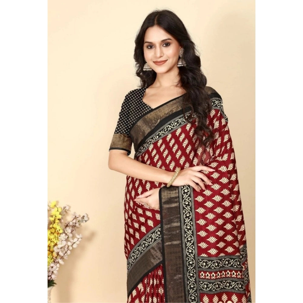 Red cotton silk printed saree with unstitched blouse, vibrant Indian traditional wear on mannequin