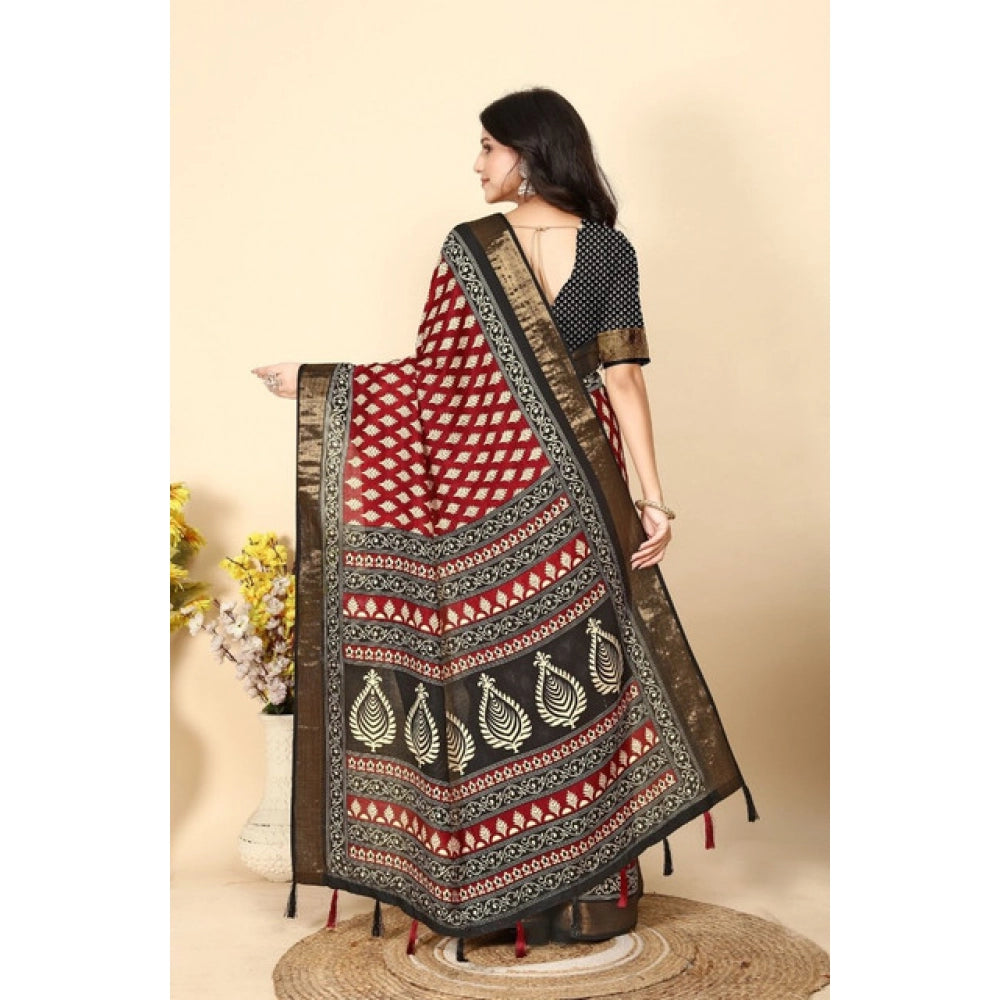 Red cotton silk printed saree with unstitched blouse (5.5mtr), vibrant Indian fashion accessory