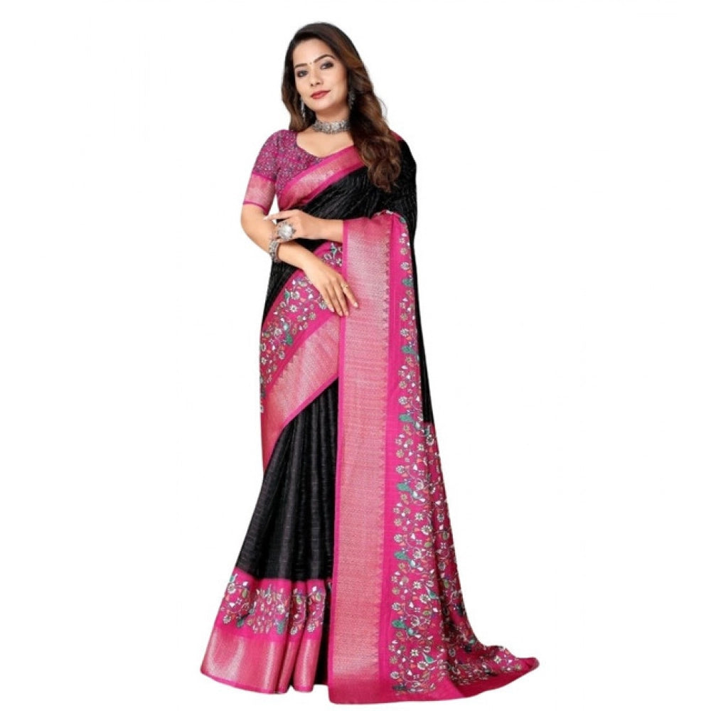 Black-Pink cotton silk printed saree with unstitched blouse, vibrant floral patterns on soft fabric
