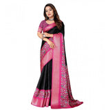 Black-Pink cotton silk printed saree with unstitched blouse, vibrant floral patterns on soft fabric