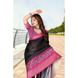 Black-Pink cotton silk printed saree with unstitched blouse, vibrant floral design on a 5.5mtr length