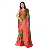 Green-Red cotton silk printed saree with unstitched blouse, traditional Indian attire for women on mannequin
