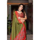 Green-red cotton silk printed saree with unstitched blouse, vibrant Indian women's fashion accessory